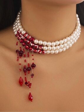 Pearl Scarlet Red Blood Crystal Choker – Queen’s Statement Necklace